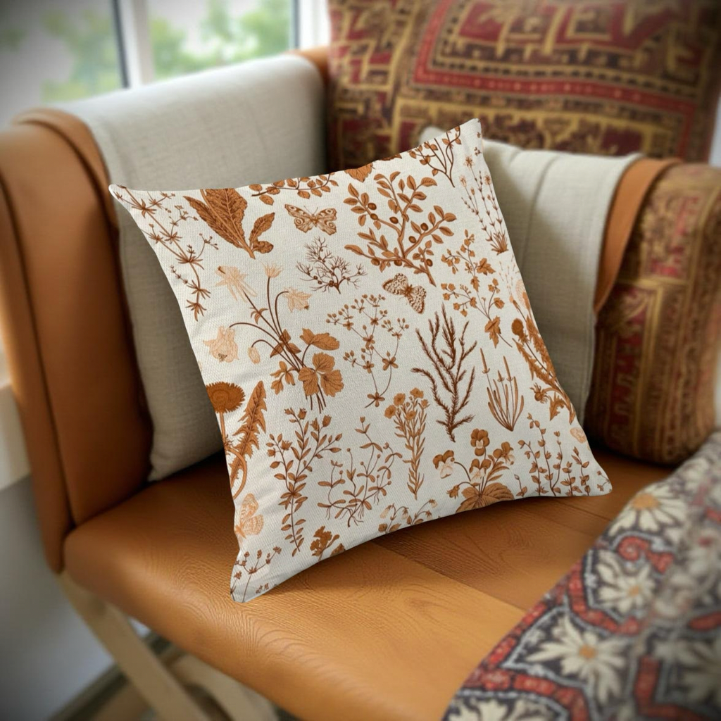 2PCS Plant Print Linen Pillowcase, Burnt Orange Autumn Casual Style Cushion Cover! Bring Nature Home. Available In 16x16 Inches / 18x18 Inches / 20x20 Inches / 12x20 Inches.