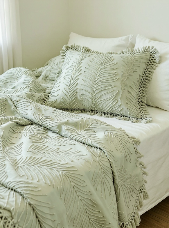 2/3PCS Green Leaves Pattern Tufted Textured Polyester Duvet Cover Set With Tassels, Boho Shabby Chic Bedding Set For All Seasons Use, Modern Bohemia Style, Soft& Breathable, Machine Washable (1 Duvet Cover+ 1/2 Pillowcases, No Filler)