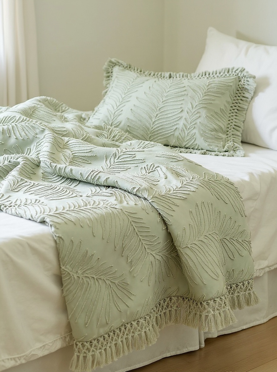 2/3PCS Green Leaves Pattern Tufted Textured Polyester Duvet Cover Set With Tassels, Boho Shabby Chic Bedding Set For All Seasons Use, Modern Bohemia Style, Soft& Breathable, Machine Washable (1 Duvet Cover+ 1/2 Pillowcases, No Filler)