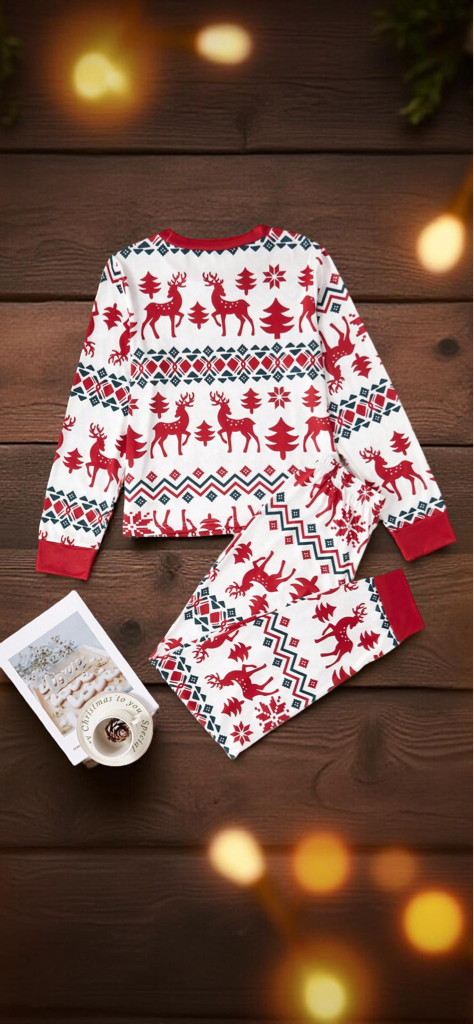 1 Set Merry Christmas Women's Pajamas, Burgundy Long Sleeve Top With Reindeer, Green & Red Snowflake, Red & White Geometric Pattern Pants, Soft Stretchy Knit Fabric, Smooth Shiny Texture, Machine Washable, Comfortable Fit, Family Matching Outfits, Mommy A