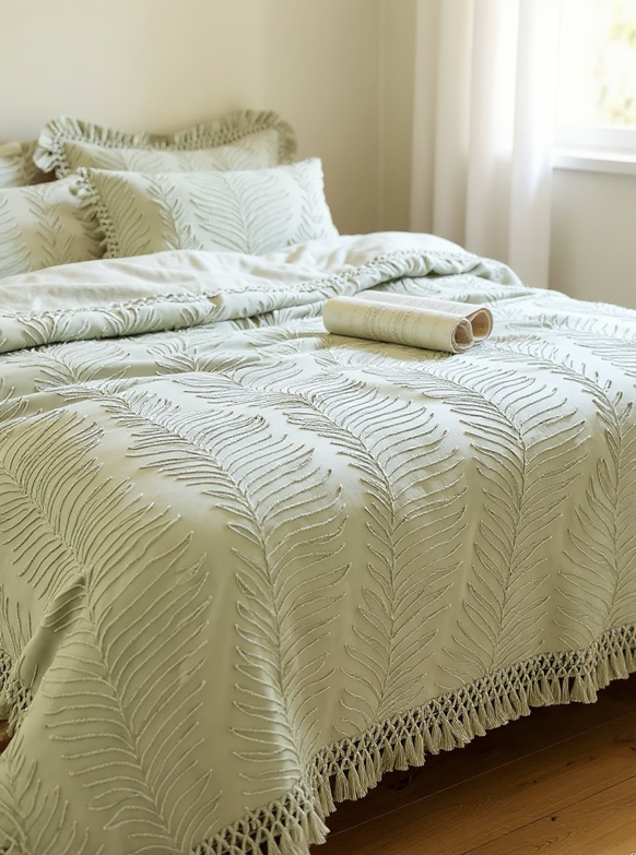 2/3PCS Green Leaves Pattern Tufted Textured Polyester Duvet Cover Set With Tassels, Boho Shabby Chic Bedding Set For All Seasons Use, Modern Bohemia Style, Soft& Breathable, Machine Washable (1 Duvet Cover+ 1/2 Pillowcases, No Filler)