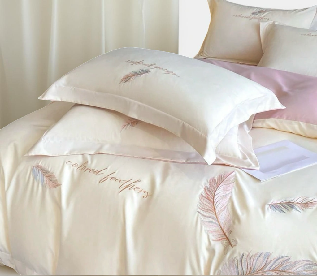4pcs Soft Solid Color Brushed Feather Embroidery + Wide Hem Design Bedding Set (1 Duvet Cover + 2 Pillowcases + 1 Flat Sheet, Excluding Pillow And Comforter), Breathable, Machine Washable