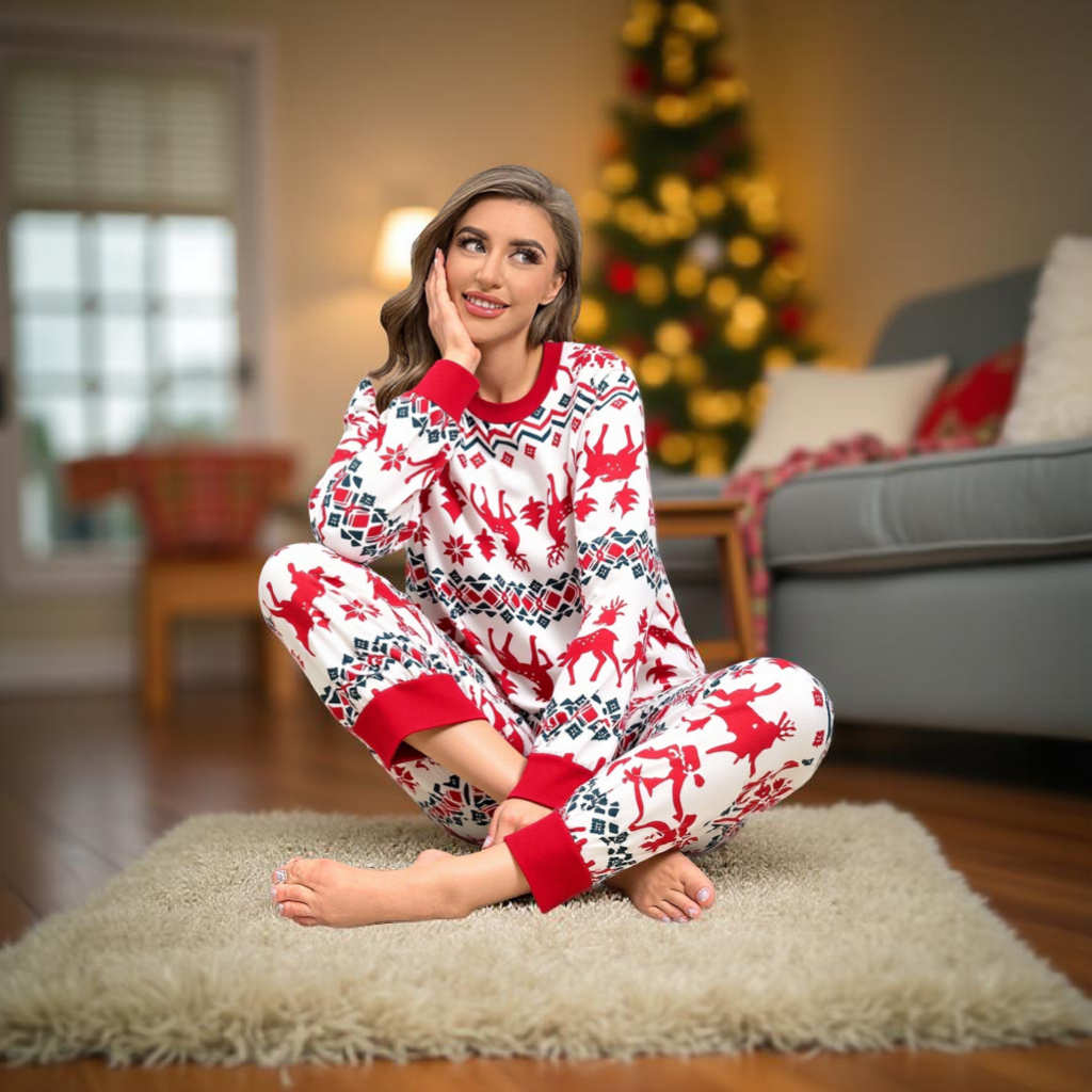 1 Set Merry Christmas Women's Pajamas, Burgundy Long Sleeve Top With Reindeer, Green & Red Snowflake, Red & White Geometric Pattern Pants, Soft Stretchy Knit Fabric, Smooth Shiny Texture, Machine Washable, Comfortable Fit, Family Matching Outfits, Mommy A
