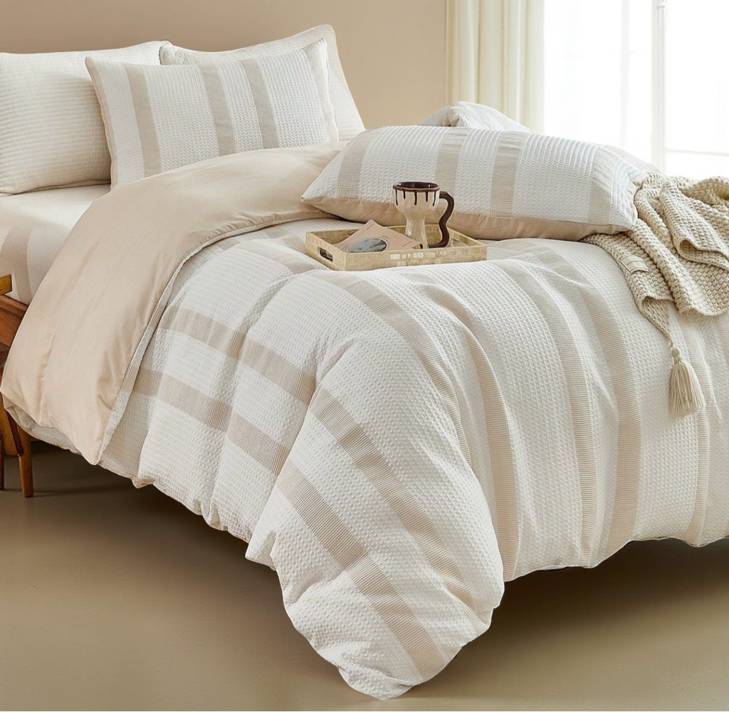 2/3pcs Khaki Waffle Polyester Duvet Cover Set, Stylish Modern Bedding Set For All Seasons, Soft, Breathable, Machine Washable (1 Duvet Cover + 1/2 Pillowcase)