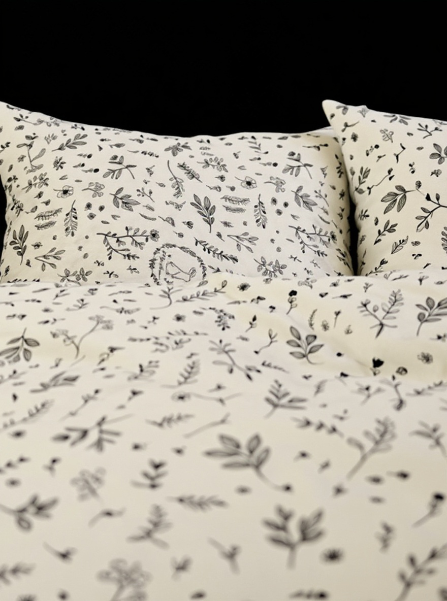 3pcs Set Scroll Pattern Leaf, Flower & Rabbit Print Washed Black And White Duvet Cover And Pillow Sham, Twin/Full/Queen/King