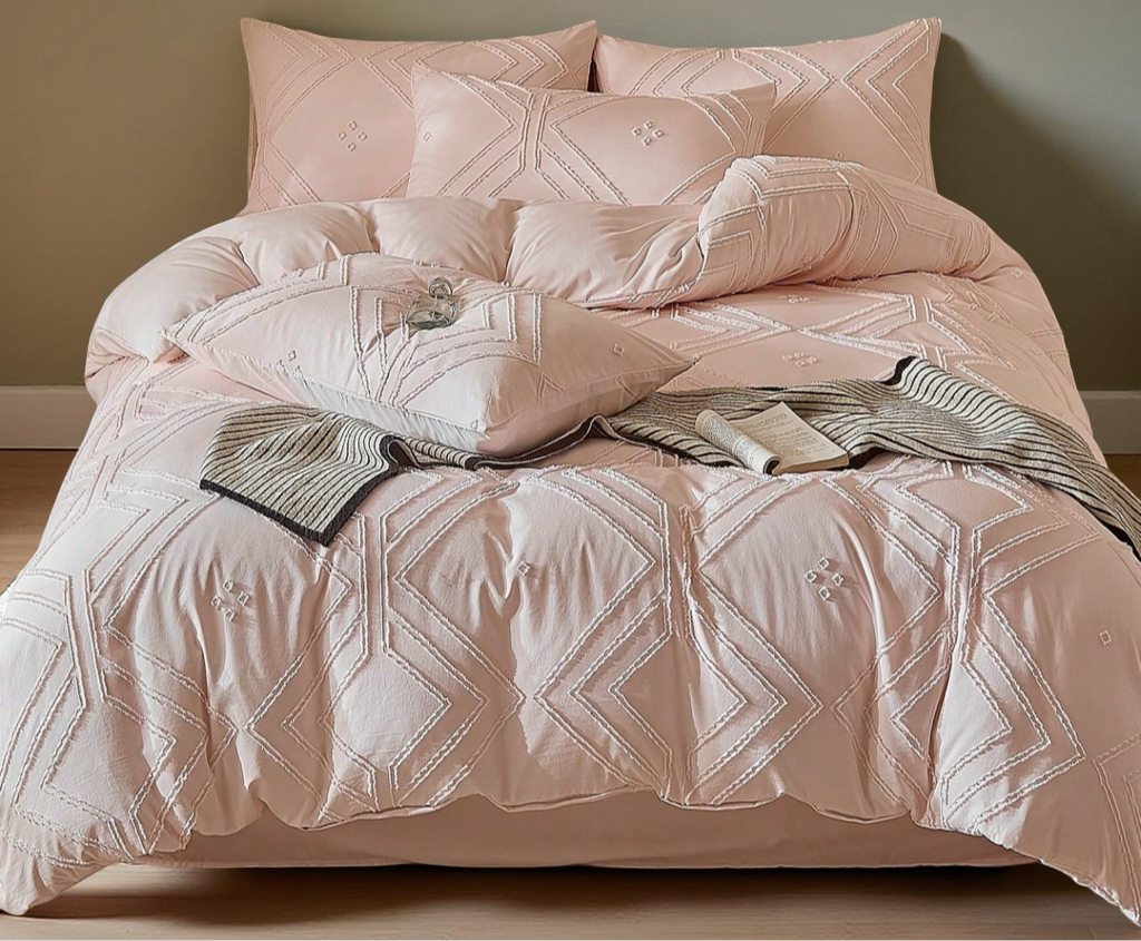 2/3PCS Pink Geometric Pattern Tufted Textured Polyester Duvet Cover Set, Boho Shabby Chic Bedding Set For All Seasons Use Queen King, Soft, Breathable, Machine Washable (1 Duvet Cover+ 1/2 Pillowshams, No Filler)