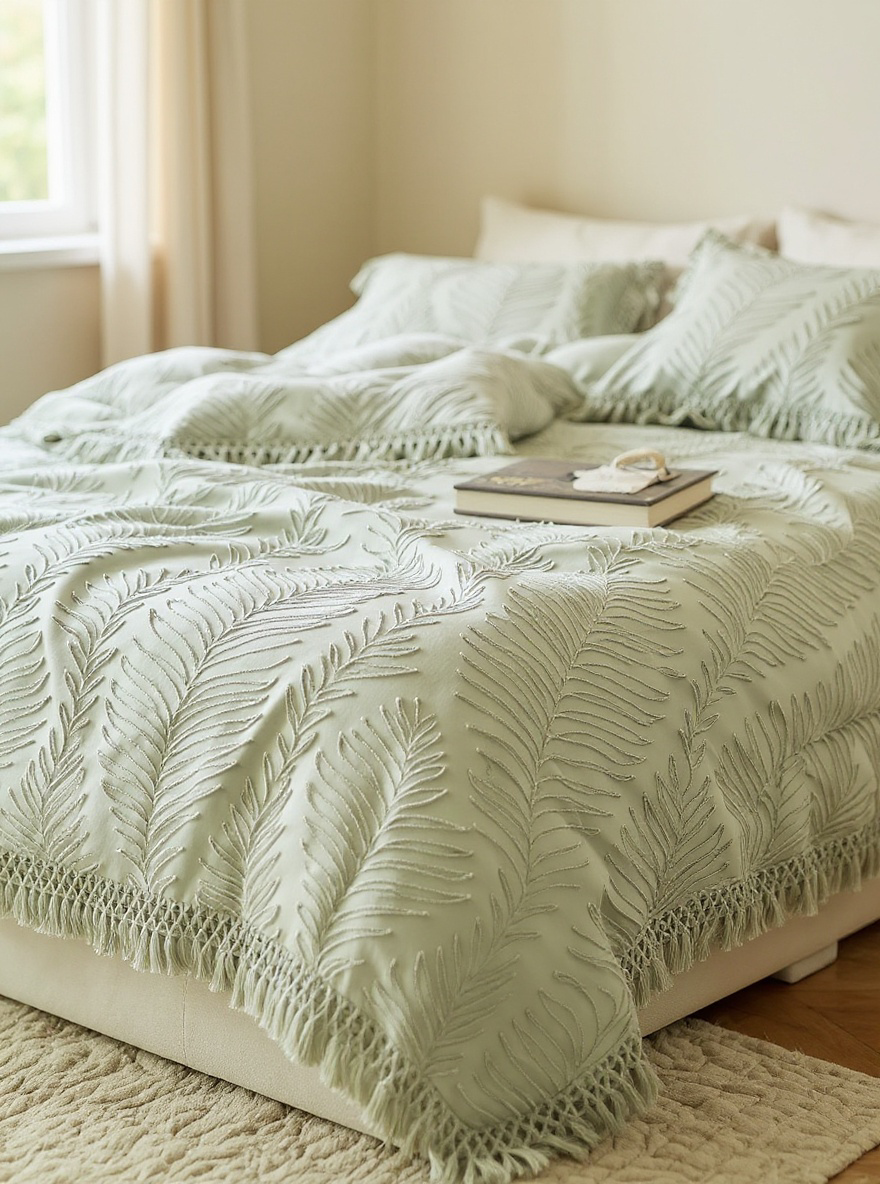2/3PCS Green Leaves Pattern Tufted Textured Polyester Duvet Cover Set With Tassels, Boho Shabby Chic Bedding Set For All Seasons Use, Modern Bohemia Style, Soft& Breathable, Machine Washable (1 Duvet Cover+ 1/2 Pillowcases, No Filler)