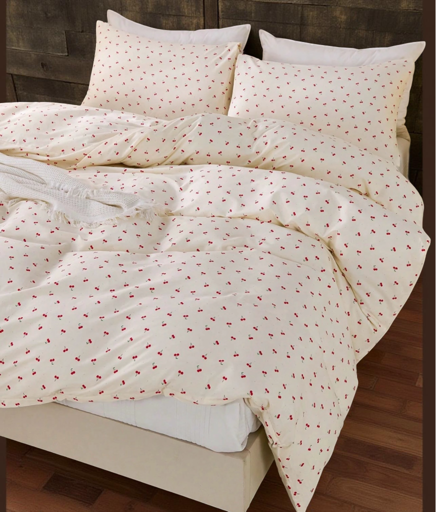 2/3Pcs 100%Cotton Beige Cherry Pattern Print Duvet Cover Set Without Filler Breathable Supersoft All-Season (1pc*Duvet Cover + 1/2pcs*Pillowcase, No Pillow Core), Soft Two Tone Design Bedding Set For Bedroom & Guest Room Valentine's Day Lightweight King Q