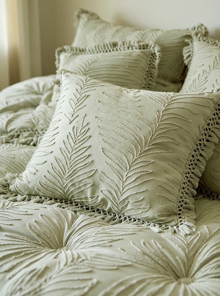 2/3PCS Green Leaves Pattern Tufted Textured Polyester Duvet Cover Set With Tassels, Boho Shabby Chic Bedding Set For All Seasons Use, Modern Bohemia Style, Soft& Breathable, Machine Washable (1 Duvet Cover+ 1/2 Pillowcases, No Filler)