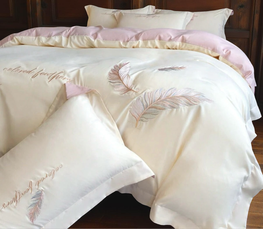 4pcs Soft Solid Color Brushed Feather Embroidery + Wide Hem Design Bedding Set (1 Duvet Cover + 2 Pillowcases + 1 Flat Sheet, Excluding Pillow And Comforter), Breathable, Machine Washable