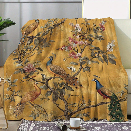 Soft and cozy mustard yellow blanket featuring an elegant peacock print – perfect for adding warmth, color, and a touch of luxury to your bedroom or living room décor.