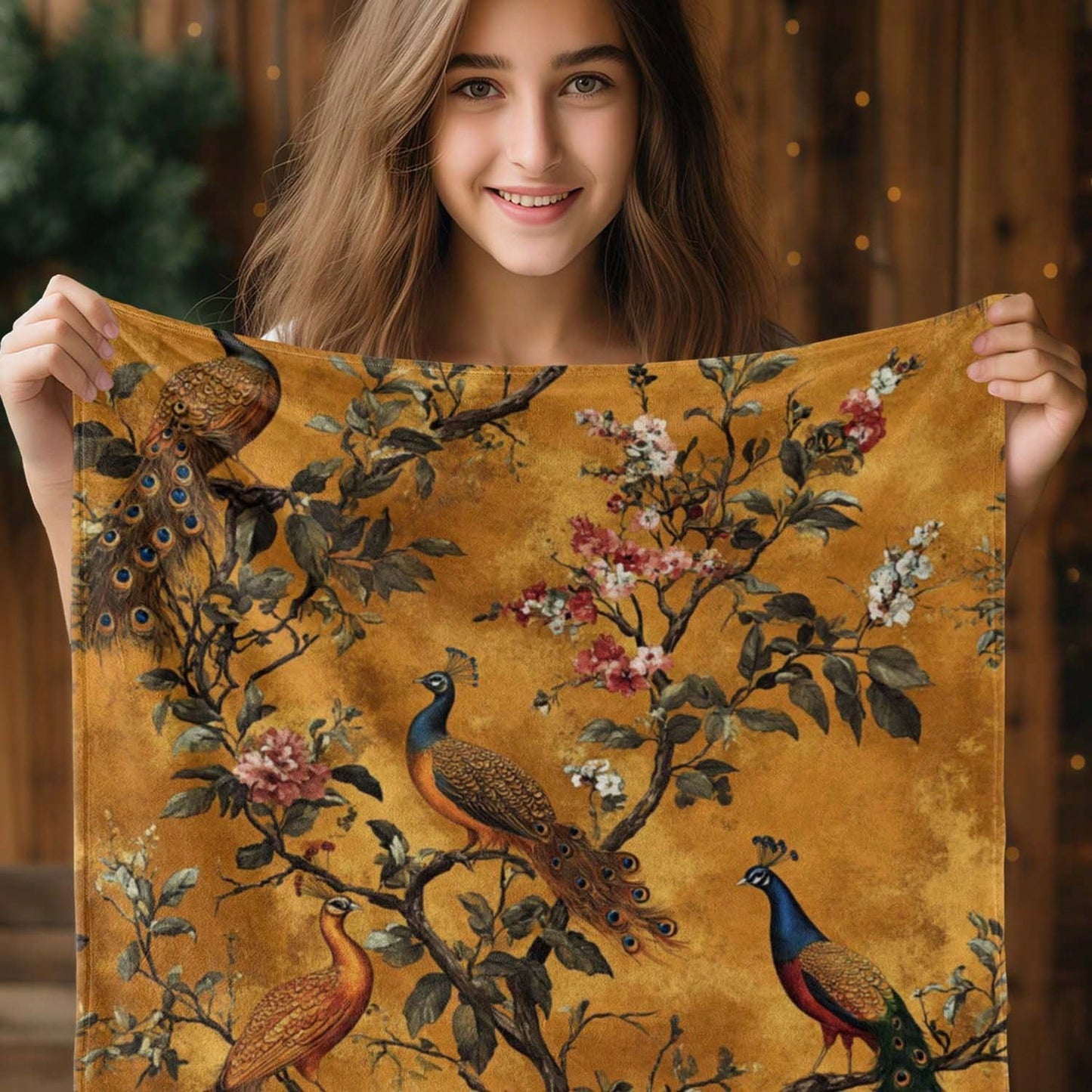 Soft and cozy mustard yellow blanket featuring an elegant peacock print – perfect for adding warmth, color, and a touch of luxury to your bedroom or living room décor.