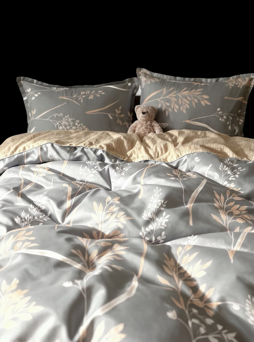 4pcs Grey & Brown Botanical Leaf Print Bedding Set (1pc Duvet Cover, 2pcs Pillowcase, 1pc Flat Sheet), Elegant Pastoral Style, Skin-Friendly And Comfortable, Suitable For Single/Double Bed, All Seasons