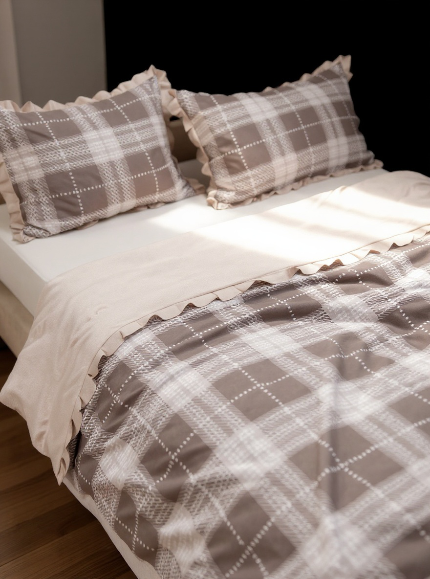 Sweet Checkered Duvet Cover Set - Yellow & Khaki Gingham With Flounce Trim - 100% Soft Polyester - Includes 1 Duvet & 1/2 Pillowcases (Multiple Sizes)