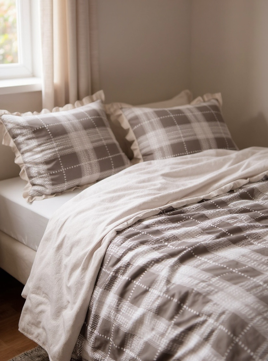 Sweet Checkered Duvet Cover Set - Yellow & Khaki Gingham With Flounce Trim - 100% Soft Polyester - Includes 1 Duvet & 1/2 Pillowcases (Multiple Sizes)