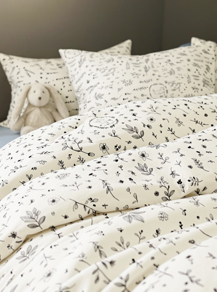 3pcs Set Scroll Pattern Leaf, Flower & Rabbit Print Washed Black And White Duvet Cover And Pillow Sham, Twin/Full/Queen/King