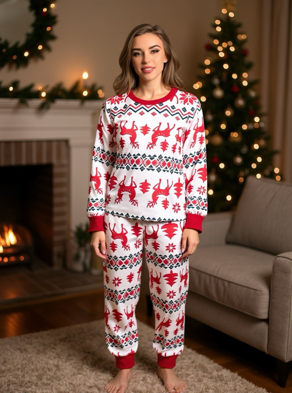 1 Set Merry Christmas Women's Pajamas, Burgundy Long Sleeve Top With Reindeer, Green & Red Snowflake, Red & White Geometric Pattern Pants, Soft Stretchy Knit Fabric, Smooth Shiny Texture, Machine Washable, Comfortable Fit, Family Matching Outfits, Mommy A
