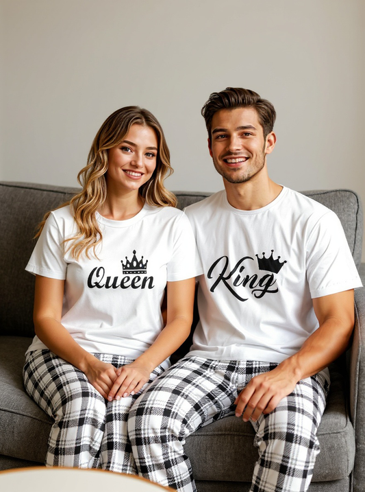 1 Set Men's Pajama Set Including 1 Plaid Long Pants And 1 White Short Sleeve T-Shirt With "King" Print