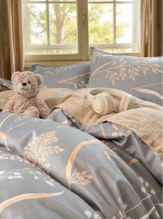 4pcs Grey & Brown Botanical Leaf Print Bedding Set (1pc Duvet Cover, 2pcs Pillowcase, 1pc Flat Sheet), Elegant Pastoral Style, Skin-Friendly And Comfortable, Suitable For Single/Double Bed, All Seasons