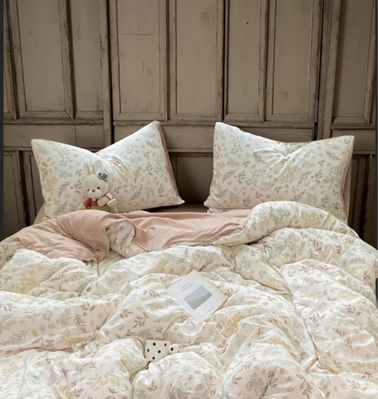 Morandi Natural Floral Bedding Set, Minimalist Nordic Style, Includes 1 Duvet Cover, 1 Flat Sheet, And 2 Pillowcases, Solid Color Sheet, Forest Leaf Print, 100% Polyester, Soft Texture (No Filling)