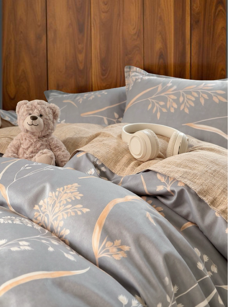 4pcs Grey & Brown Botanical Leaf Print Bedding Set (1pc Duvet Cover, 2pcs Pillowcase, 1pc Flat Sheet), Elegant Pastoral Style, Skin-Friendly And Comfortable, Suitable For Single/Double Bed, All Seasons