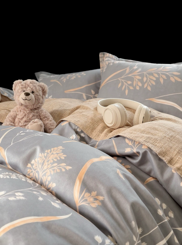 4pcs Grey & Brown Botanical Leaf Print Bedding Set (1pc Duvet Cover, 2pcs Pillowcase, 1pc Flat Sheet), Elegant Pastoral Style, Skin-Friendly And Comfortable, Suitable For Single/Double Bed, All Seasons