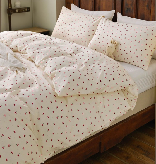 2/3Pcs 100%Cotton Beige Cherry Pattern Print Duvet Cover Set Without Filler Breathable Supersoft All-Season (1pc*Duvet Cover + 1/2pcs*Pillowcase, No Pillow Core), Soft Two Tone Design Bedding Set For Bedroom & Guest Room Valentine's Day Lightweight King Q