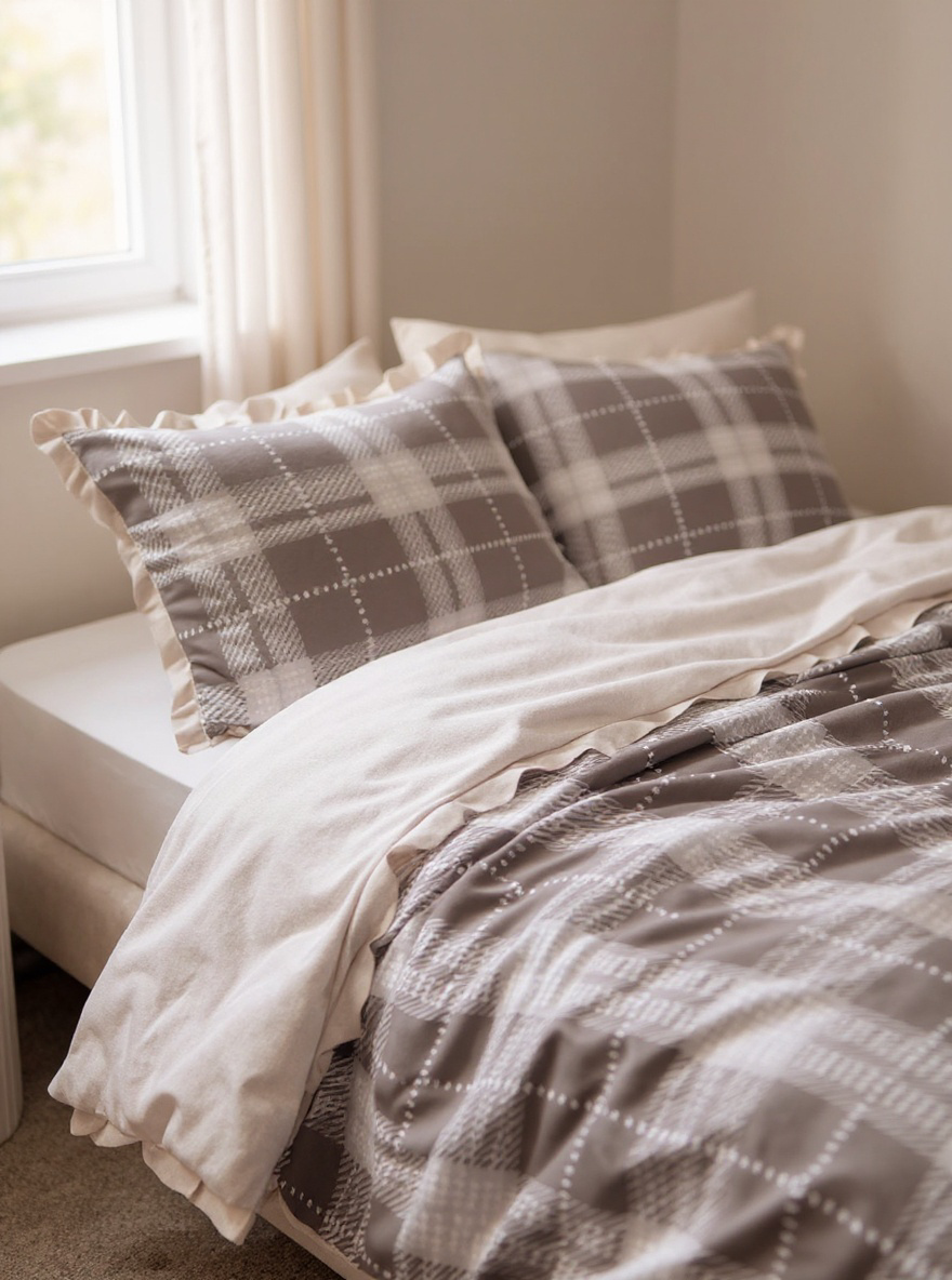 Sweet Checkered Duvet Cover Set - Yellow & Khaki Gingham With Flounce Trim - 100% Soft Polyester - Includes 1 Duvet & 1/2 Pillowcases (Multiple Sizes)