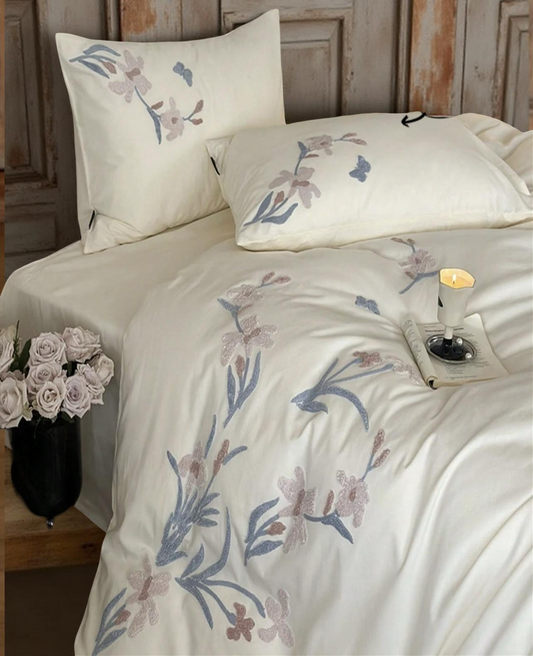 3pcs Elegant Embroidered Orchid Duvet Cover Set (Without Filler)