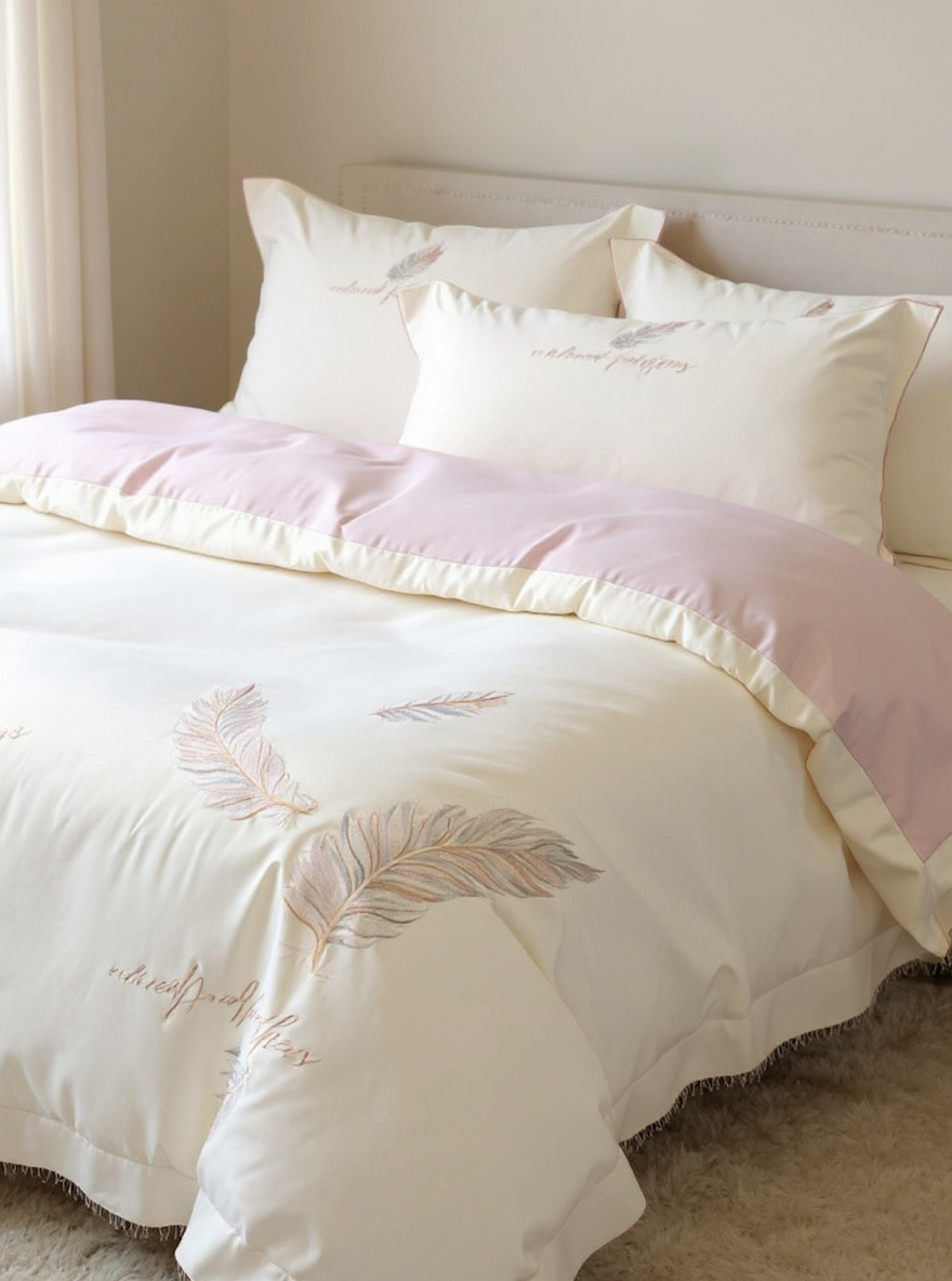 4pcs Soft Solid Color Brushed Feather Embroidery + Wide Hem Design Bedding Set (1 Duvet Cover + 2 Pillowcases + 1 Flat Sheet, Excluding Pillow And Comforter), Breathable, Machine Washable