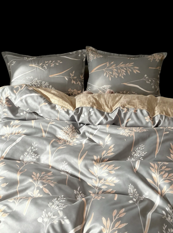 4pcs Grey & Brown Botanical Leaf Print Bedding Set (1pc Duvet Cover, 2pcs Pillowcase, 1pc Flat Sheet), Elegant Pastoral Style, Skin-Friendly And Comfortable, Suitable For Single/Double Bed, All Seasons