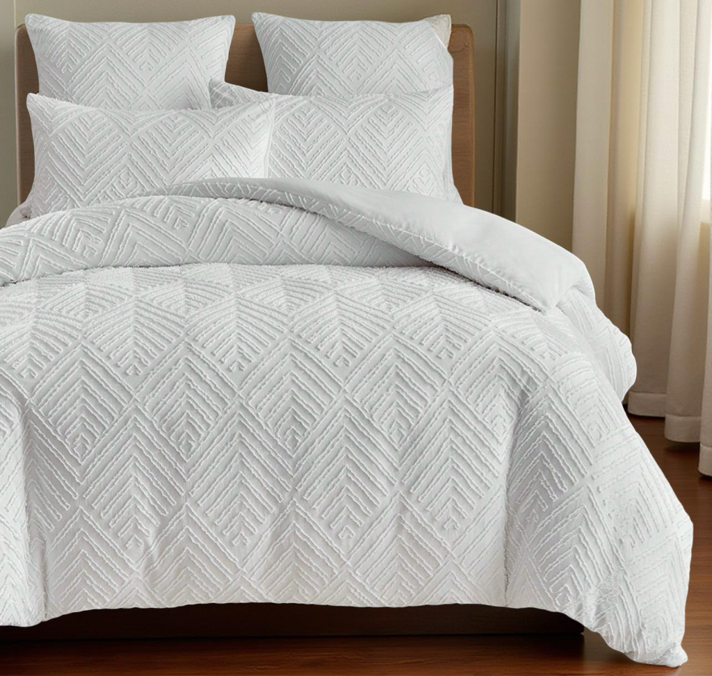 2/3PCS White Stripe Pattern Tufted Textured Polyester Duvet Cover Set, Boho Shabby Chic Bedding Set For All Seasons Use (1 Duvet Cover+ 1/2 Pillowshams), Soft & Breathable, No Filler