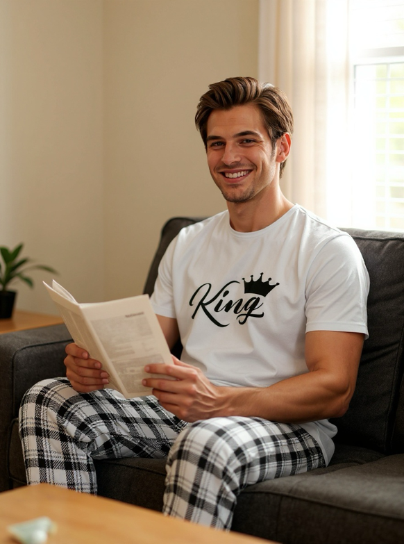 1 Set Men's Pajama Set Including 1 Plaid Long Pants And 1 White Short Sleeve T-Shirt With "King" Print