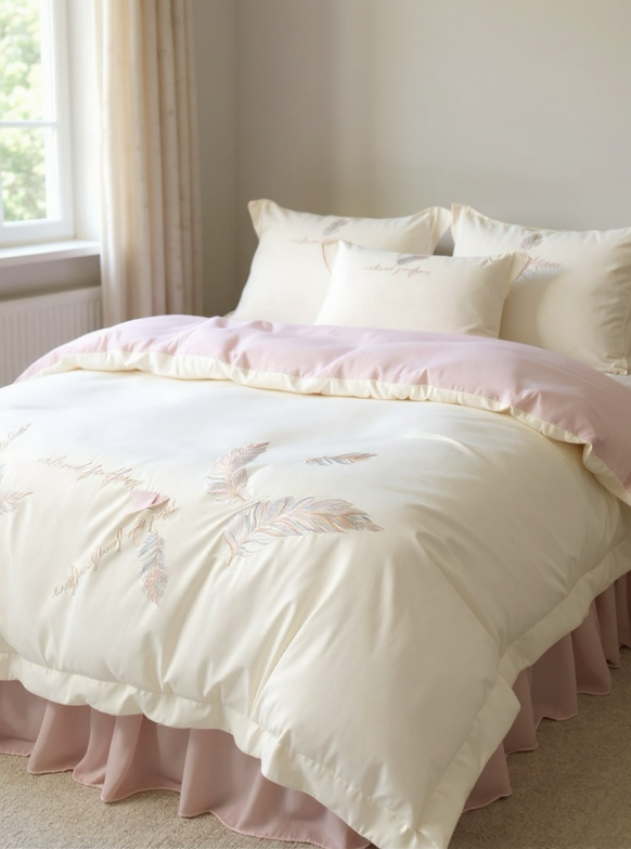 4pcs Soft Solid Color Brushed Feather Embroidery + Wide Hem Design Bedding Set (1 Duvet Cover + 2 Pillowcases + 1 Flat Sheet, Excluding Pillow And Comforter), Breathable, Machine Washable