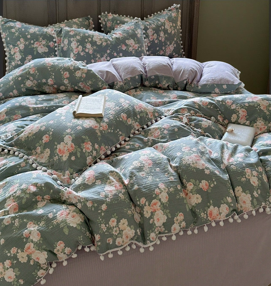 2/3pcs Floral Pattern Print Polyester Duvet Cover Set With Pom Pom Tassels, Romantic Cottagecore Back To School Bedding Set For Dorms All Seasons, Soft & Breathable, Machine Washable (1 Duvet Cover+ 1/2 Pillowcases)