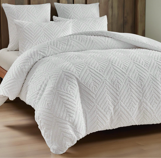 2/3PCS White Stripe Pattern Tufted Textured Polyester Duvet Cover Set, Boho Shabby Chic Bedding Set For All Seasons Use (1 Duvet Cover+ 1/2 Pillowshams), Soft & Breathable, No Filler