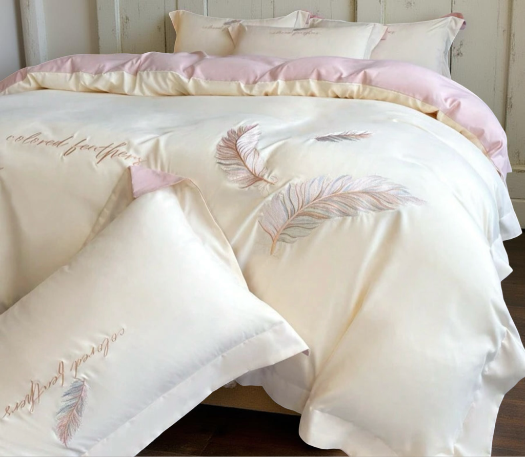 4pcs Soft Solid Color Brushed Feather Embroidery + Wide Hem Design Bedding Set (1 Duvet Cover + 2 Pillowcases + 1 Flat Sheet, Excluding Pillow And Comforter), Breathable, Machine Washable