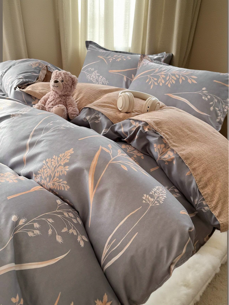 4pcs Grey & Brown Botanical Leaf Print Bedding Set (1pc Duvet Cover, 2pcs Pillowcase, 1pc Flat Sheet), Elegant Pastoral Style, Skin-Friendly And Comfortable, Suitable For Single/Double Bed, All Seasons