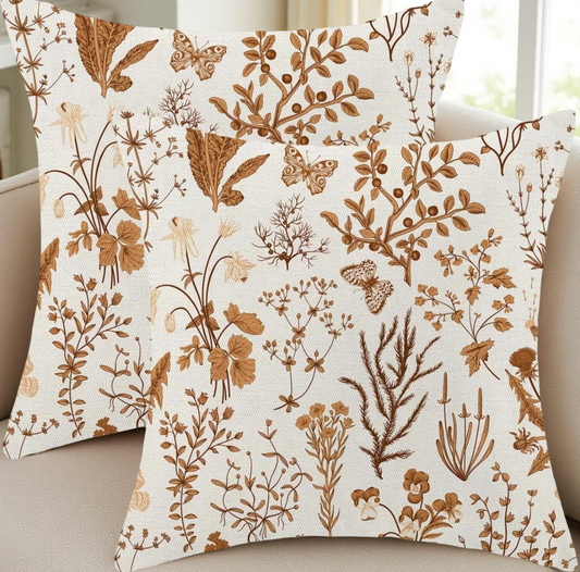 2PCS Plant Print Linen Pillowcase, Burnt Orange Autumn Casual Style Cushion Cover! Bring Nature Home. Available In 16x16 Inches / 18x18 Inches / 20x20 Inches / 12x20 Inches.