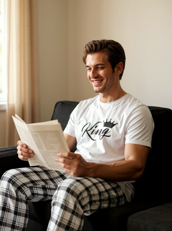 1 Set Men's Pajama Set Including 1 Plaid Long Pants And 1 White Short Sleeve T-Shirt With "King" Print