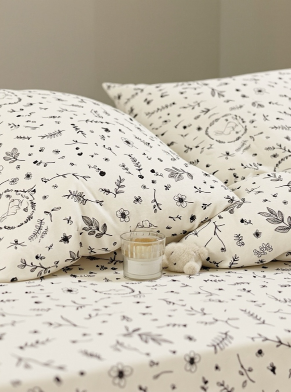 3pcs Set Scroll Pattern Leaf, Flower & Rabbit Print Washed Black And White Duvet Cover And Pillow Sham, Twin/Full/Queen/King
