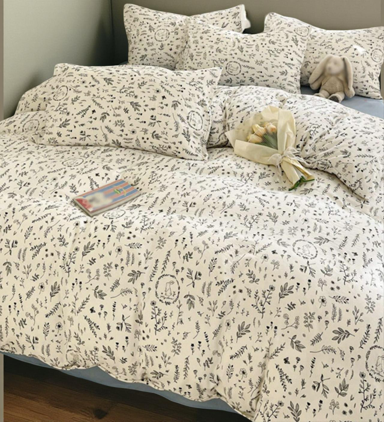 3pcs Set Scroll Pattern Leaf, Flower & Rabbit Print Washed Black And White Duvet Cover And Pillow Sham, Twin/Full/Queen/King