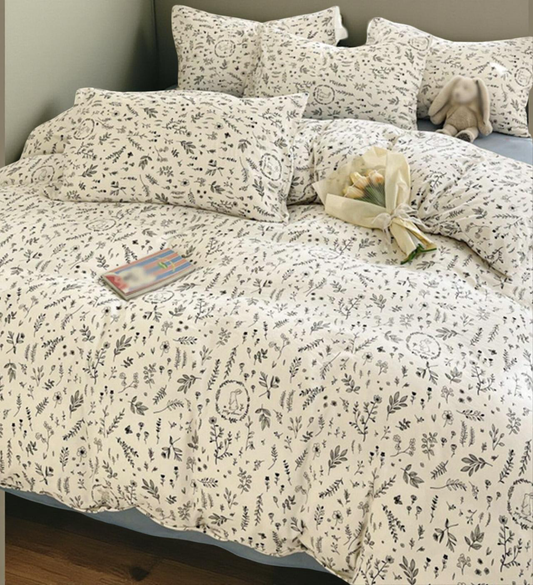3pcs Set Scroll Pattern Leaf, Flower & Rabbit Print Washed Black And White Duvet Cover And Pillow Sham, Twin/Full/Queen/King