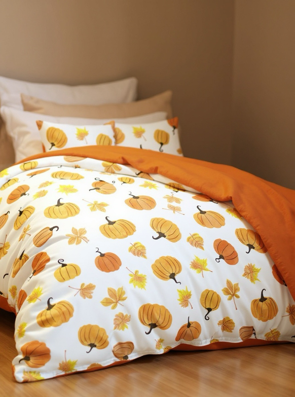 3pcs/Set Halloween Maple Leaves Pumpkin Digital Print Duvet Cover Set(1 Duvet Cover & 2 Pillowcase)Soft And Skin-Friendly Duvet Cover Bedding Set For Home, All Season Bed Sheets Set Halloween Gift